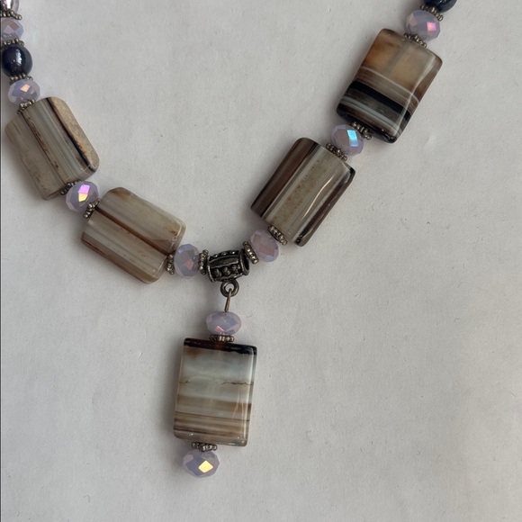 Elegant Beaded Necklace with Striped  Agate Accents beads and pendant - Picture 2 of 5